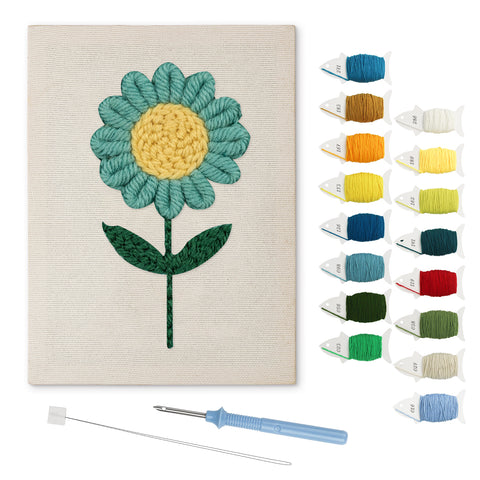 Teal Daisy punch needle kit: finished canvas with threads, punch needle and threader