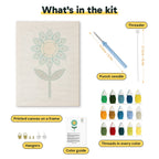 What is in the Teal Daisy kit: printed canvas, punch needle, threader, threads, color guide and hangers