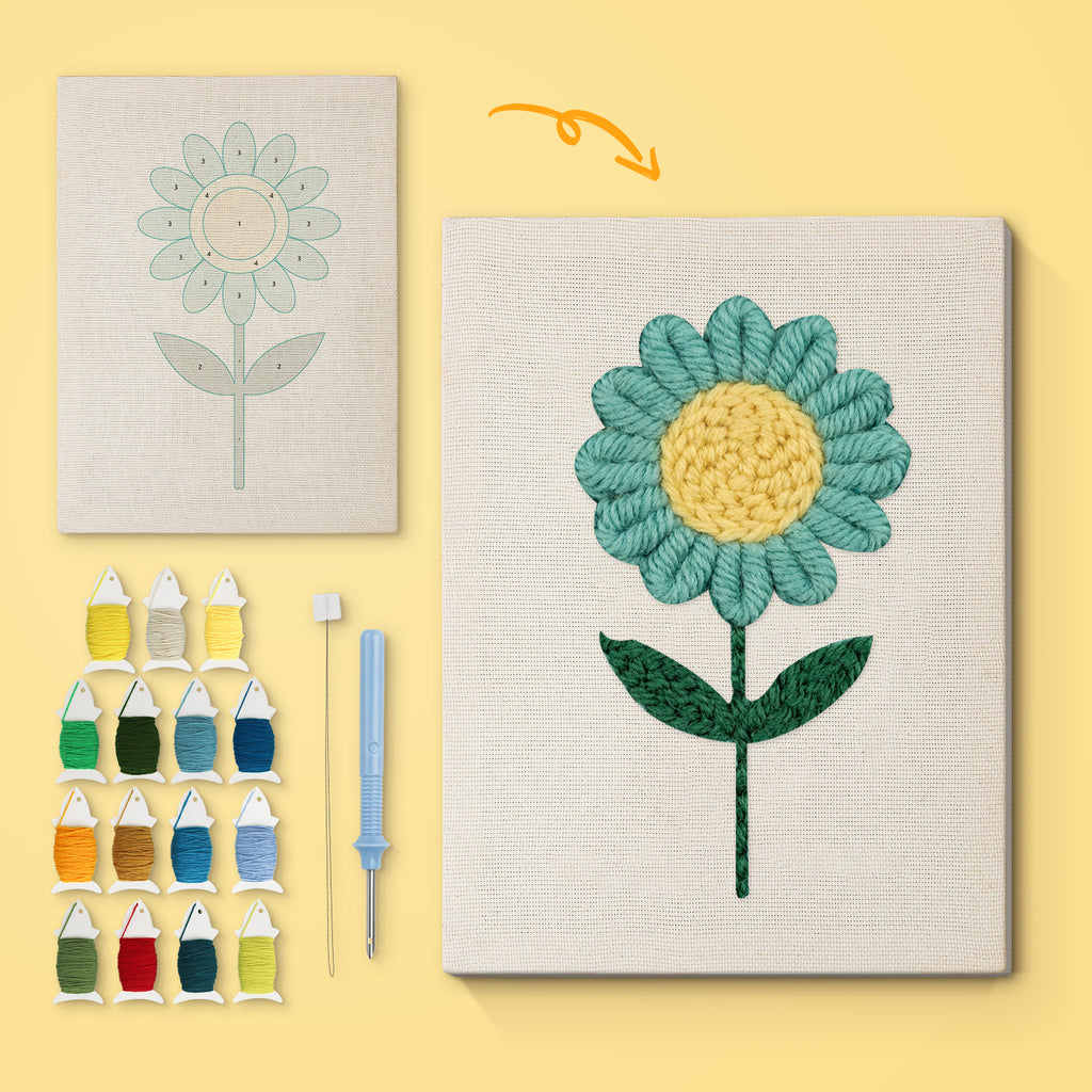 Teal Daisy canvas before and after punching, with the threads and tools