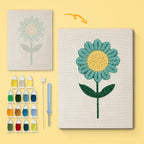 Teal Daisy canvas before and after punching, with the threads and tools