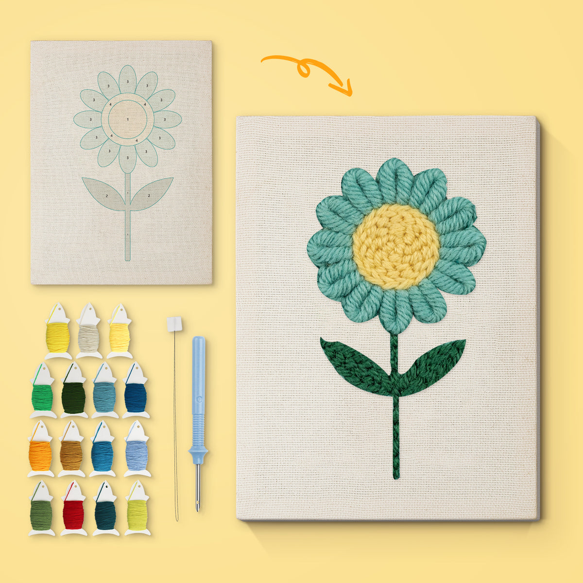 Teal Daisy canvas before and after punching, with the threads and tools