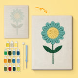 Teal Daisy canvas before and after punching, with the threads and tools