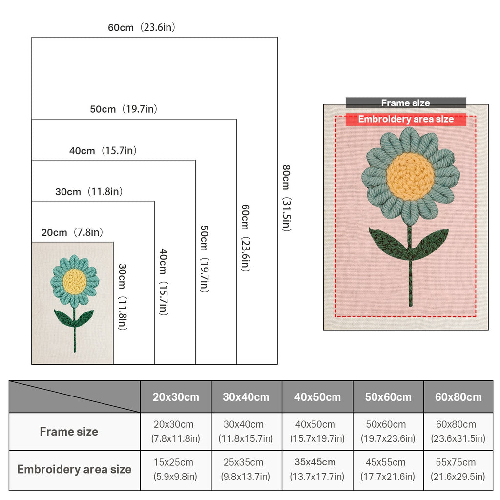 Size chart for punch needle kits from 20 x 30 cm to 60 x 80 cm
