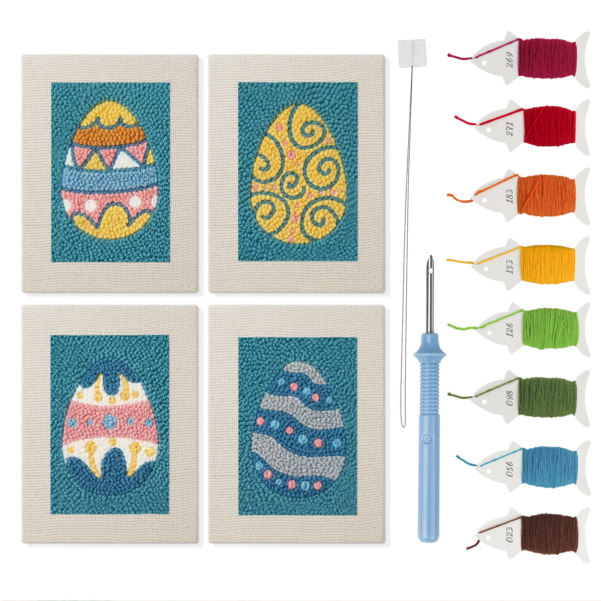 Teal Easter Eggs mini punch needle kit set: four finished canvases with threads, punch needle and threader