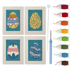 Teal Easter Eggs mini punch needle kit set: four finished canvases with threads, punch needle and threader