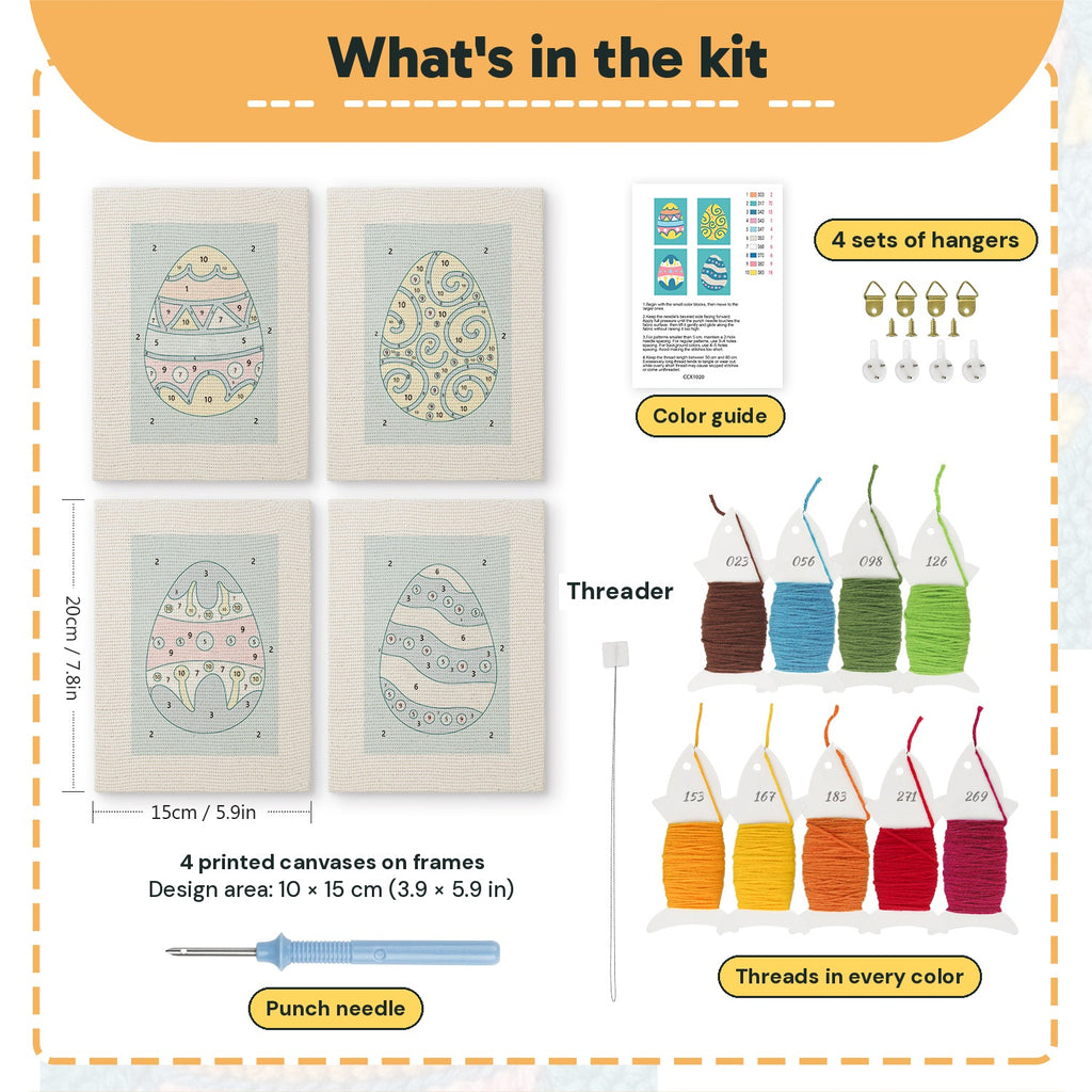 What is in the Teal Easter Eggs set: 4 printed canvases, punch needle, threader, threads, color guide and 4 sets of hangers (6 × 8 in (15 × 20 cm) each)