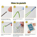 Six steps showing how to thread and use the punch needle