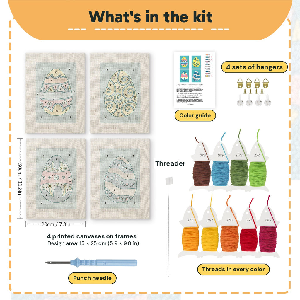 What is in the Teal Easter Eggs set, 8 × 12 in (20 × 30 cm) each: 4 printed canvases, punch needle, threader, threads, color guide and 4 sets of hangers