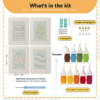 What is in the Teal Easter Eggs set, 8 × 12 in (20 × 30 cm) each: 4 printed canvases, punch needle, threader, threads, color guide and 4 sets of hangers