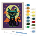 Teal Hat Black Cat punch needle kit: finished canvas with threads, punch needle and threader