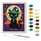 Teal Hat Black Cat punch needle kit: finished canvas with threads, punch needle and threader