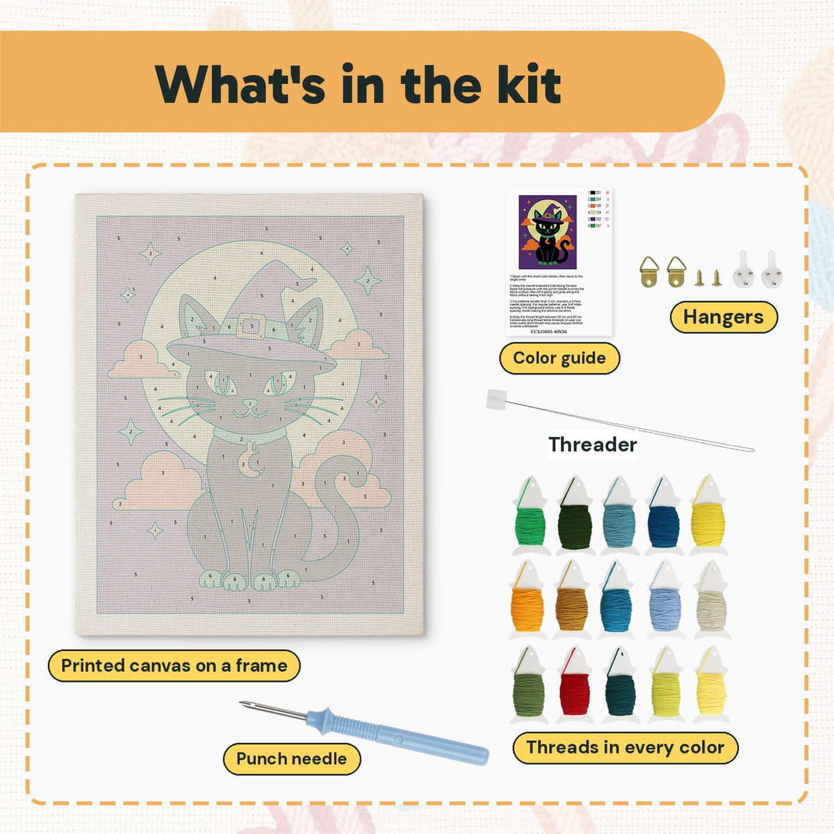 What is in the Teal Hat Black Cat kit: printed canvas, punch needle, threader, threads, color guide and hangers