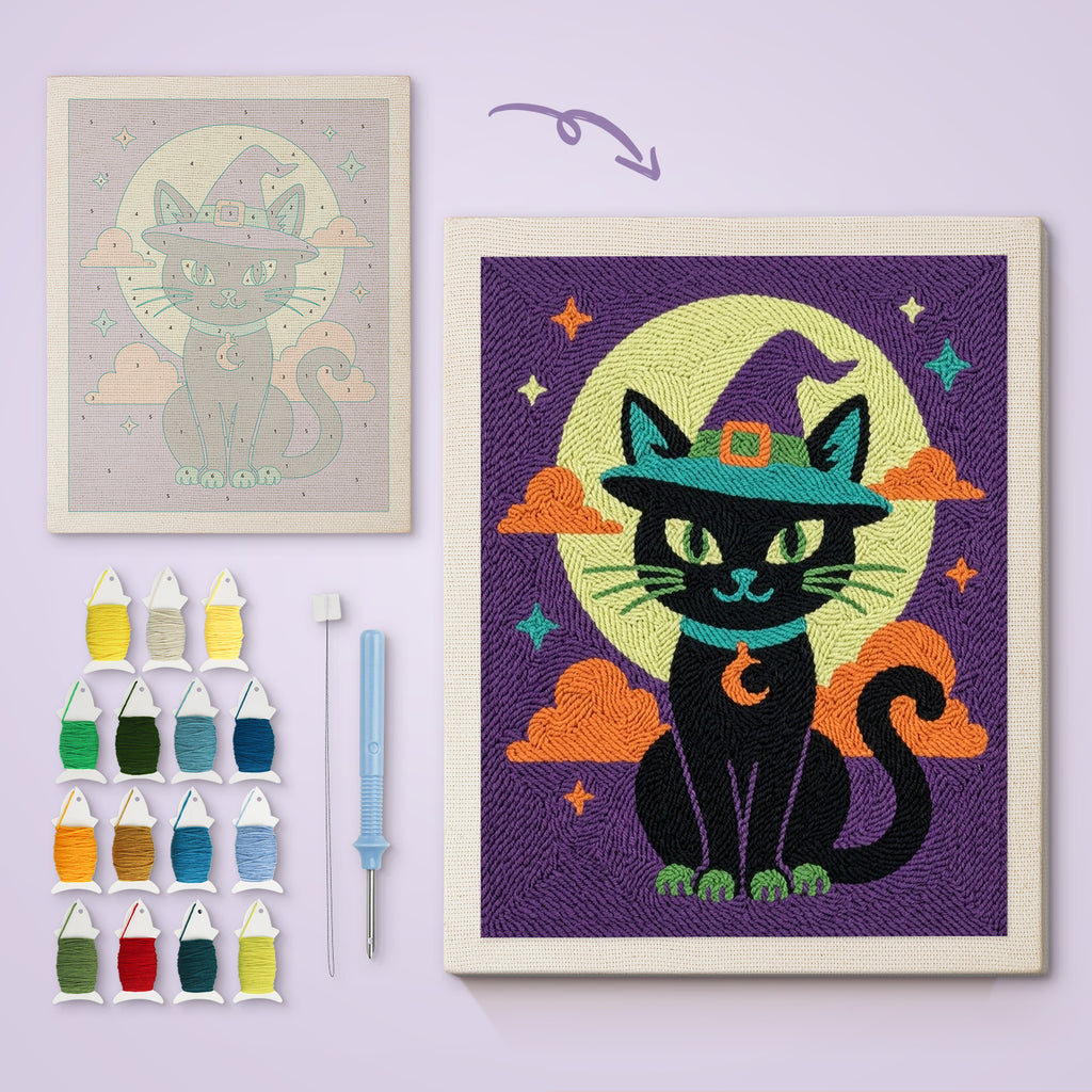 Teal Hat Black Cat canvas before and after punching, with the threads and tools