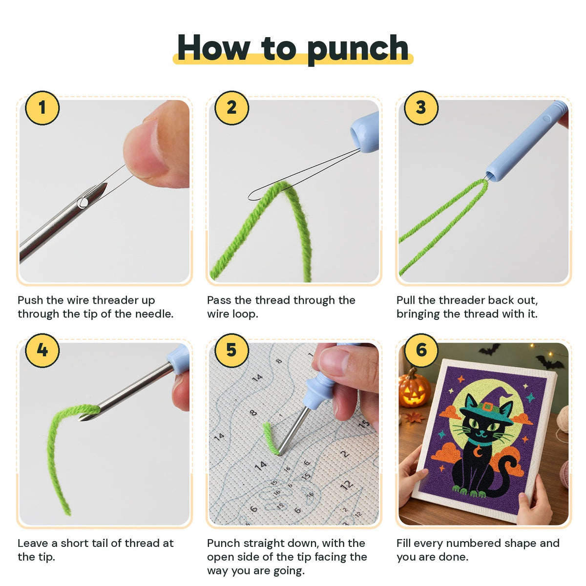 Six steps showing how to thread and use the punch needle