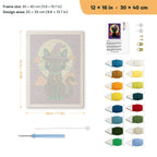 Teal Hat Black Cat punch needle kit, 12 × 16 in (30 × 40 cm): canvas size and kit contents