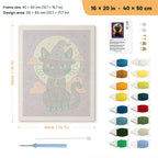 Teal Hat Black Cat punch needle kit, 16 × 20 in (40 × 50 cm): canvas size and kit contents
