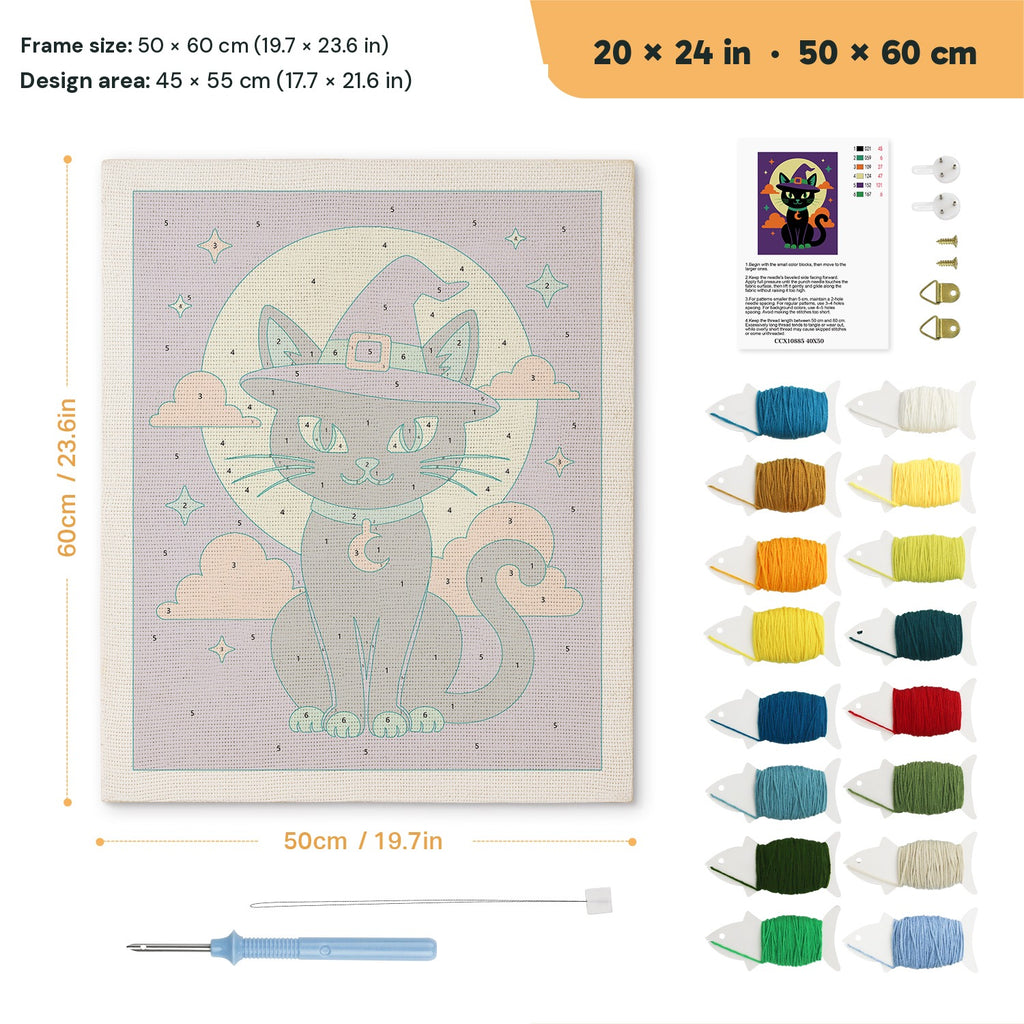 Teal Hat Black Cat punch needle kit, 20 × 24 in (50 × 60 cm): canvas size and kit contents