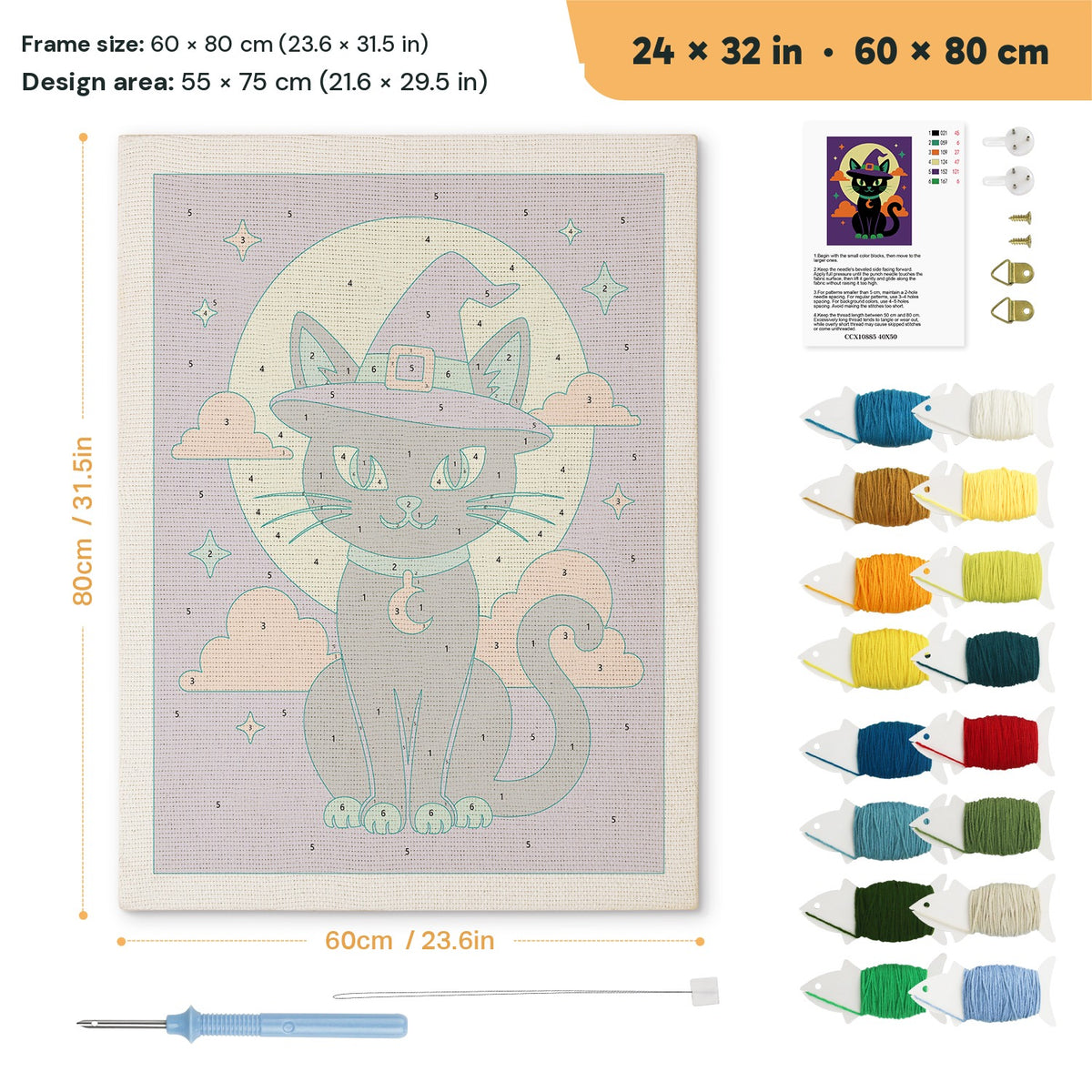 Teal Hat Black Cat punch needle kit, 24 × 32 in (60 × 80 cm): canvas size and kit contents