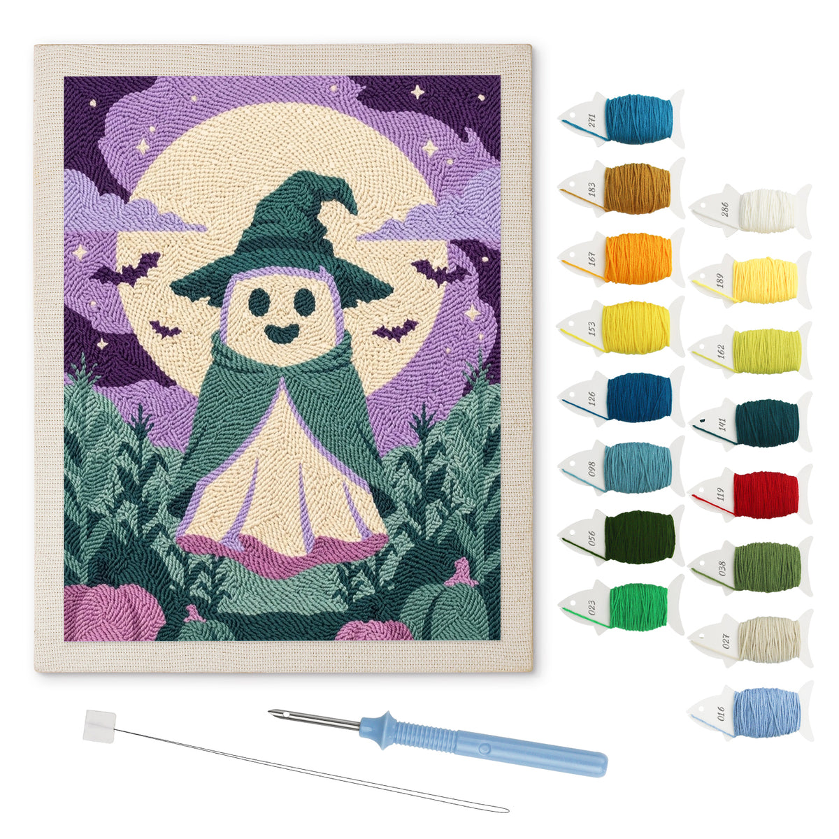 Teal Hat Ghost punch needle kit: finished canvas with threads, punch needle and threader