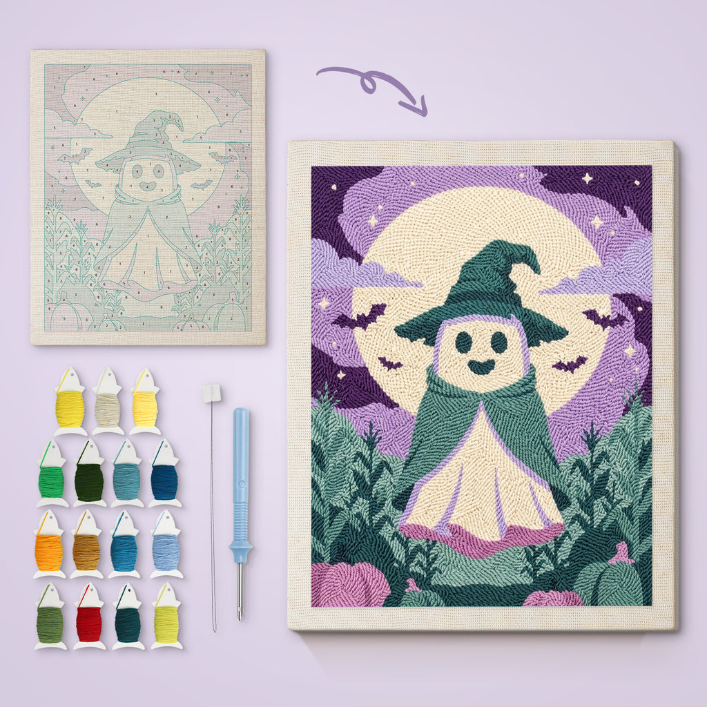 Teal Hat Ghost canvas before and after punching, with the threads and tools