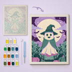 Teal Hat Ghost canvas before and after punching, with the threads and tools