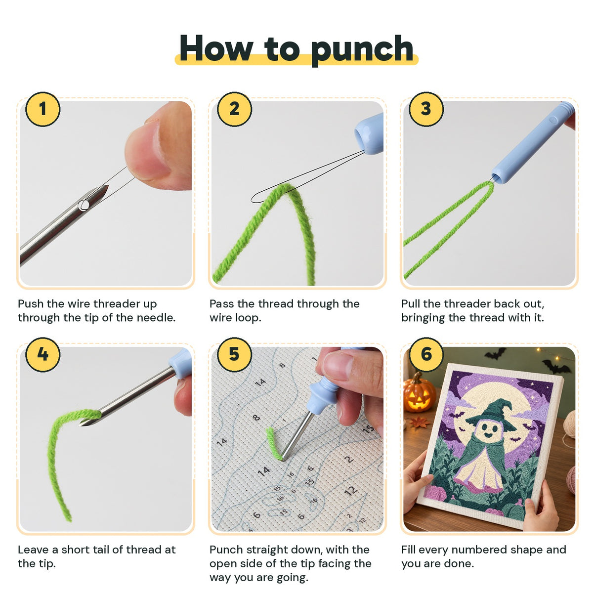 Six steps showing how to thread and use the punch needle