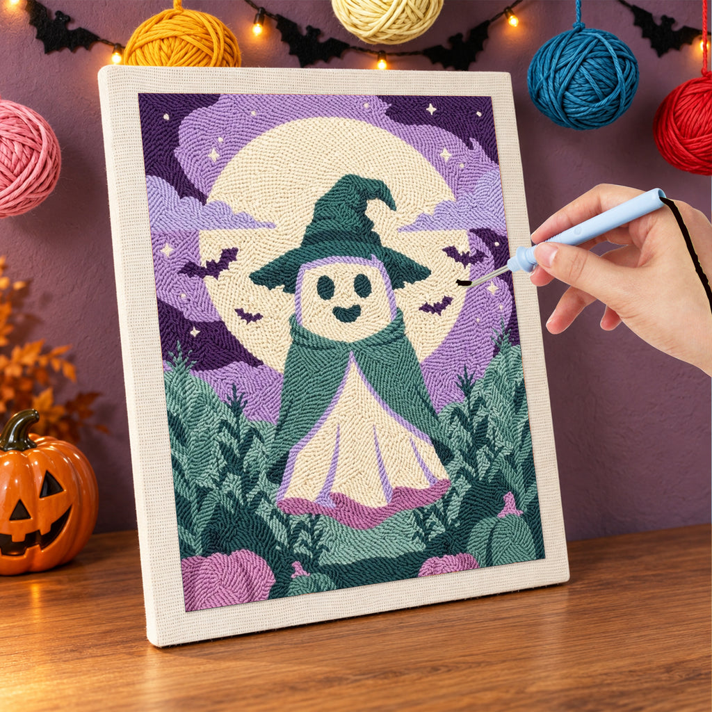 Punching the Teal Hat Ghost design with the punch needle