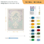 Teal Hat Ghost punch needle kit, 12 × 16 in (30 × 40 cm): canvas size and kit contents