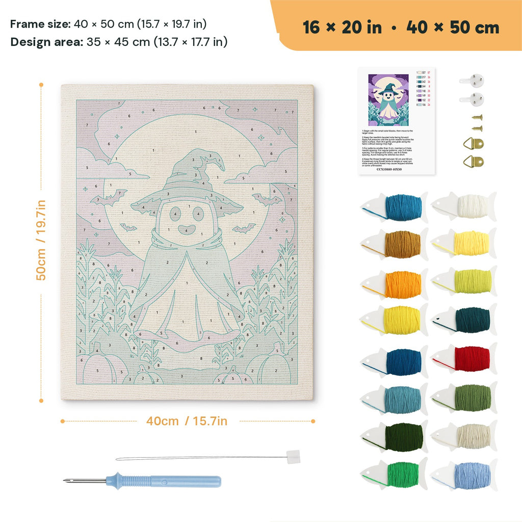 Teal Hat Ghost punch needle kit, 16 × 20 in (40 × 50 cm): canvas size and kit contents