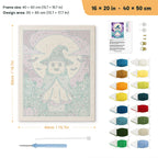 Teal Hat Ghost punch needle kit, 16 × 20 in (40 × 50 cm): canvas size and kit contents