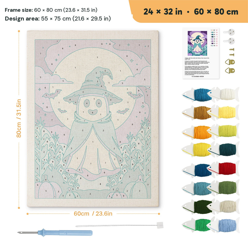 Teal Hat Ghost punch needle kit, 24 × 32 in (60 × 80 cm): canvas size and kit contents