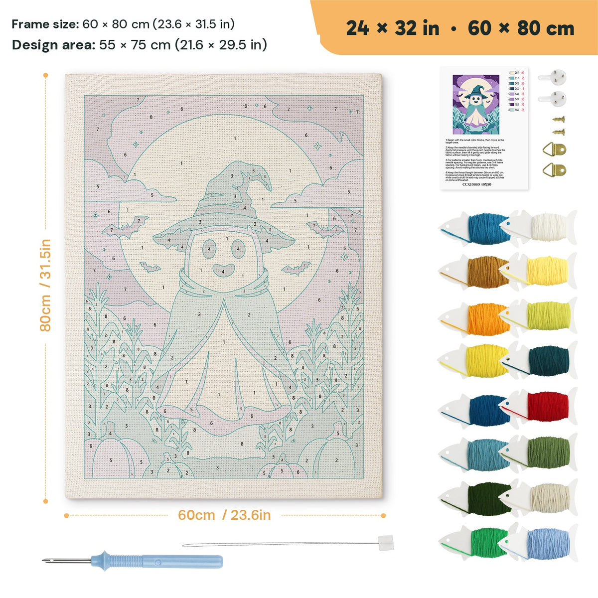 Teal Hat Ghost punch needle kit, 24 × 32 in (60 × 80 cm): canvas size and kit contents