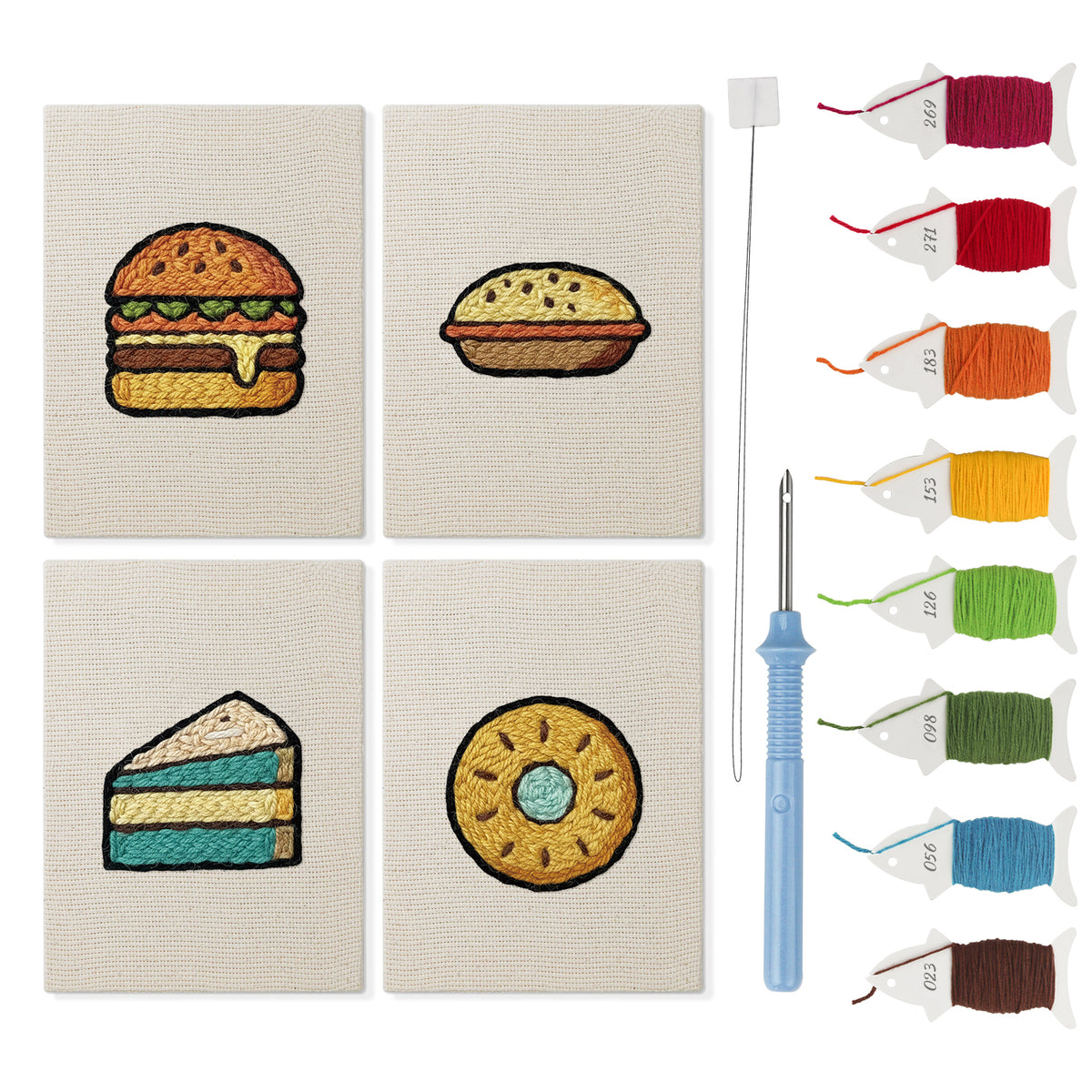 Teal Layer Cake mini punch needle kit set: four finished canvases with threads, punch needle and threader