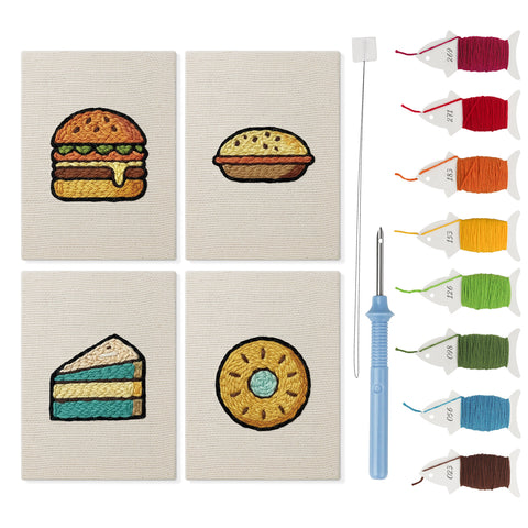 Teal Layer Cake mini punch needle kit set: four finished canvases with threads, punch needle and threader
