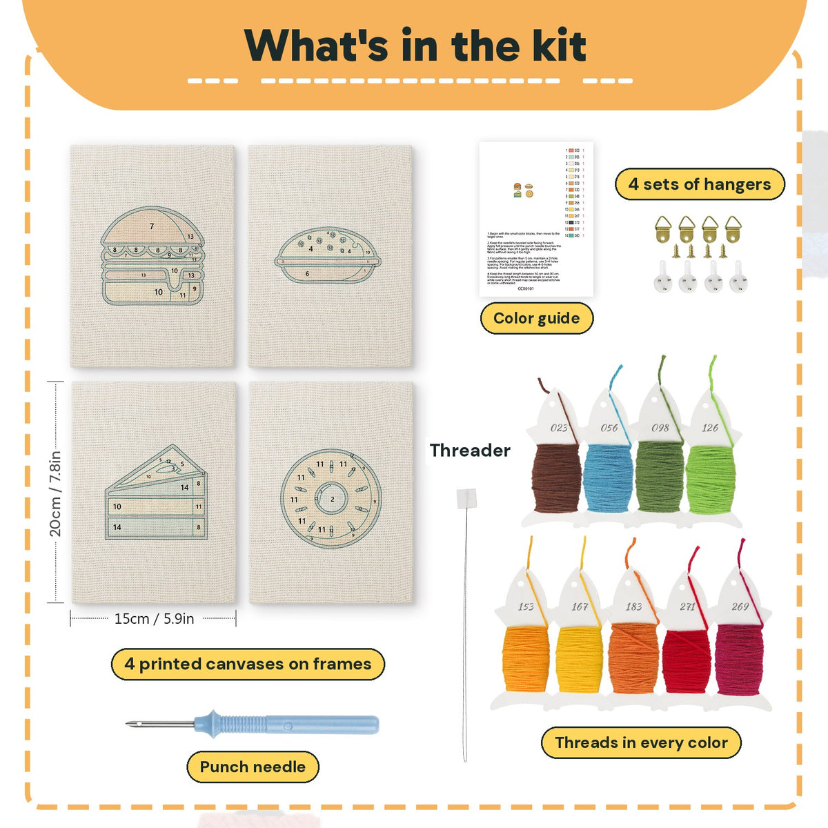 What is in the Teal Layer Cake set: 4 printed canvases, punch needle, threader, threads, color guide and 4 sets of hangers (6 × 8 in (15 × 20 cm) each)