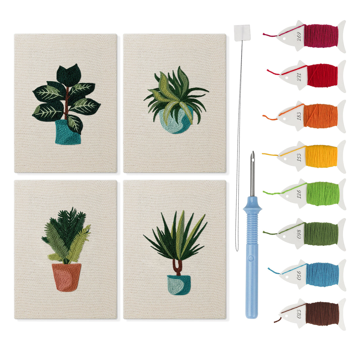 Teal Pot Greens mini punch needle kit set: four finished canvases with threads, punch needle and threader