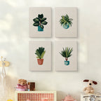 The four Teal Pot Greens mini canvases on a wall above a shelf