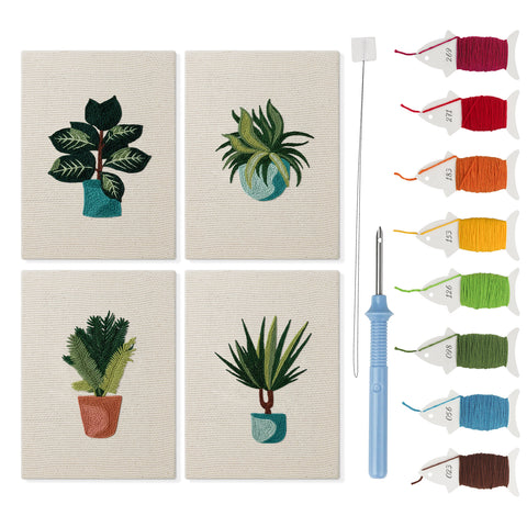 Teal Pot Greens mini punch needle kit set: four finished canvases with threads, punch needle and threader