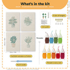 What is in the Teal Pot Greens set: 4 printed canvases, punch needle, threader, threads, color guide and 4 sets of hangers (6 × 8 in (15 × 20 cm) each)