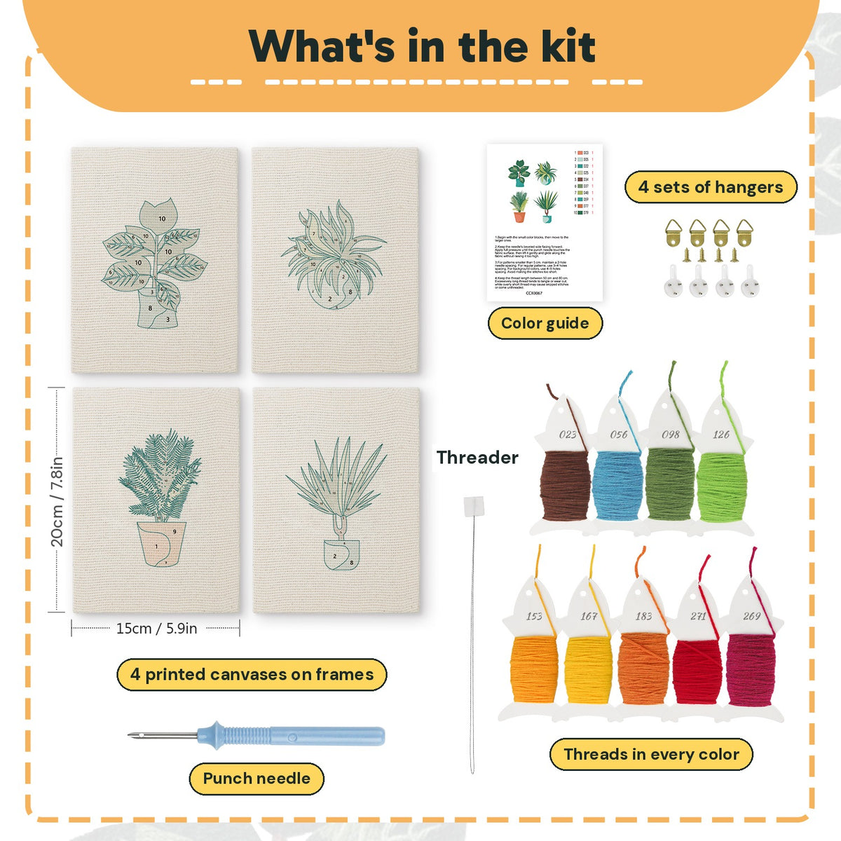 What is in the Teal Pot Greens set: 4 printed canvases, punch needle, threader, threads, color guide and 4 sets of hangers (6 × 8 in (15 × 20 cm) each)