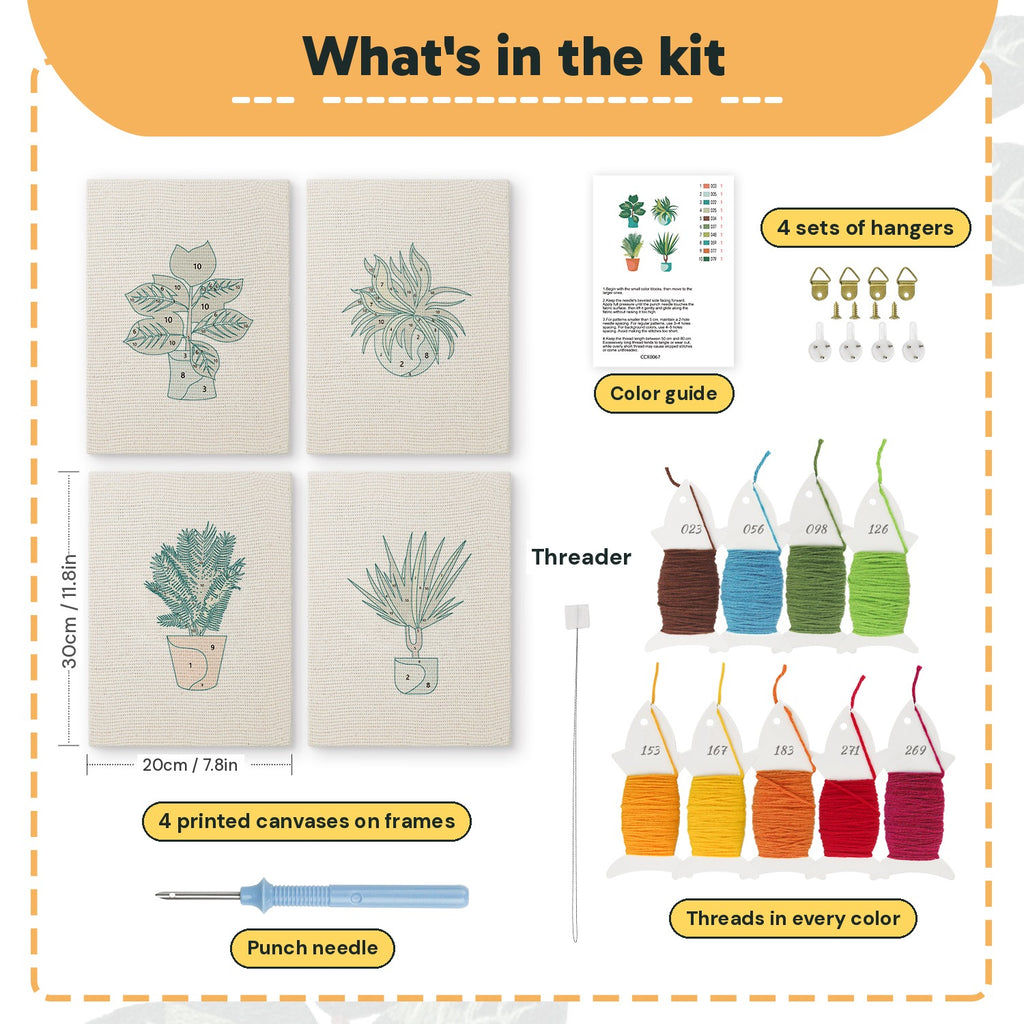 What is in the Teal Pot Greens set, 8 × 12 in (20 × 30 cm) each: 4 printed canvases, punch needle, threader, threads, color guide and 4 sets of hangers