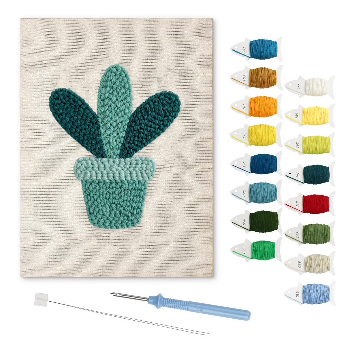 Teal Pot Leaves punch needle kit: finished canvas with threads, punch needle and threader