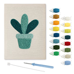 Teal Pot Leaves punch needle kit: finished canvas with threads, punch needle and threader