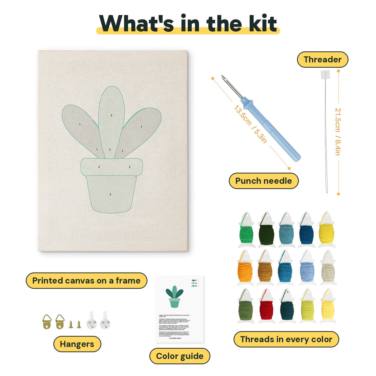 What is in the Teal Pot Leaves kit: printed canvas, punch needle, threader, threads, color guide and hangers