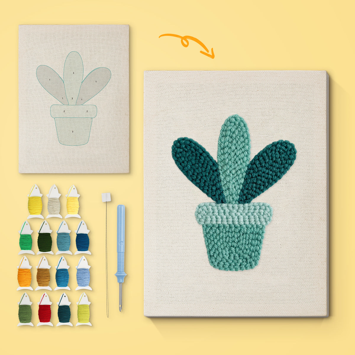 Teal Pot Leaves canvas before and after punching, with the threads and tools