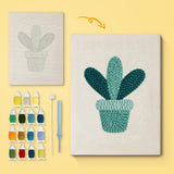 Teal Pot Leaves canvas before and after punching, with the threads and tools