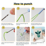 Six steps showing how to thread and use the punch needle