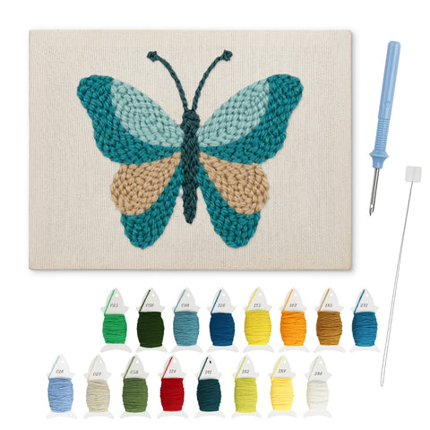 Teal Sand Butterfly punch needle kit: finished canvas with threads, punch needle and threader