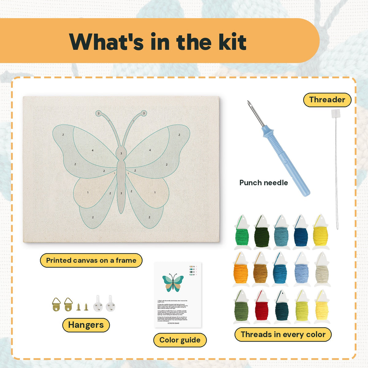 What is in the Teal Sand Butterfly kit: printed canvas, punch needle, threader, threads, color guide and hangers