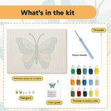 What is in the Teal Sand Butterfly kit: printed canvas, punch needle, threader, threads, color guide and hangers